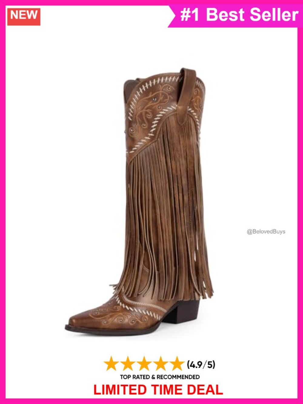 Faux Leather Fringe Cowboy Knee High Boots Pointed Toe Chunky Heel Western